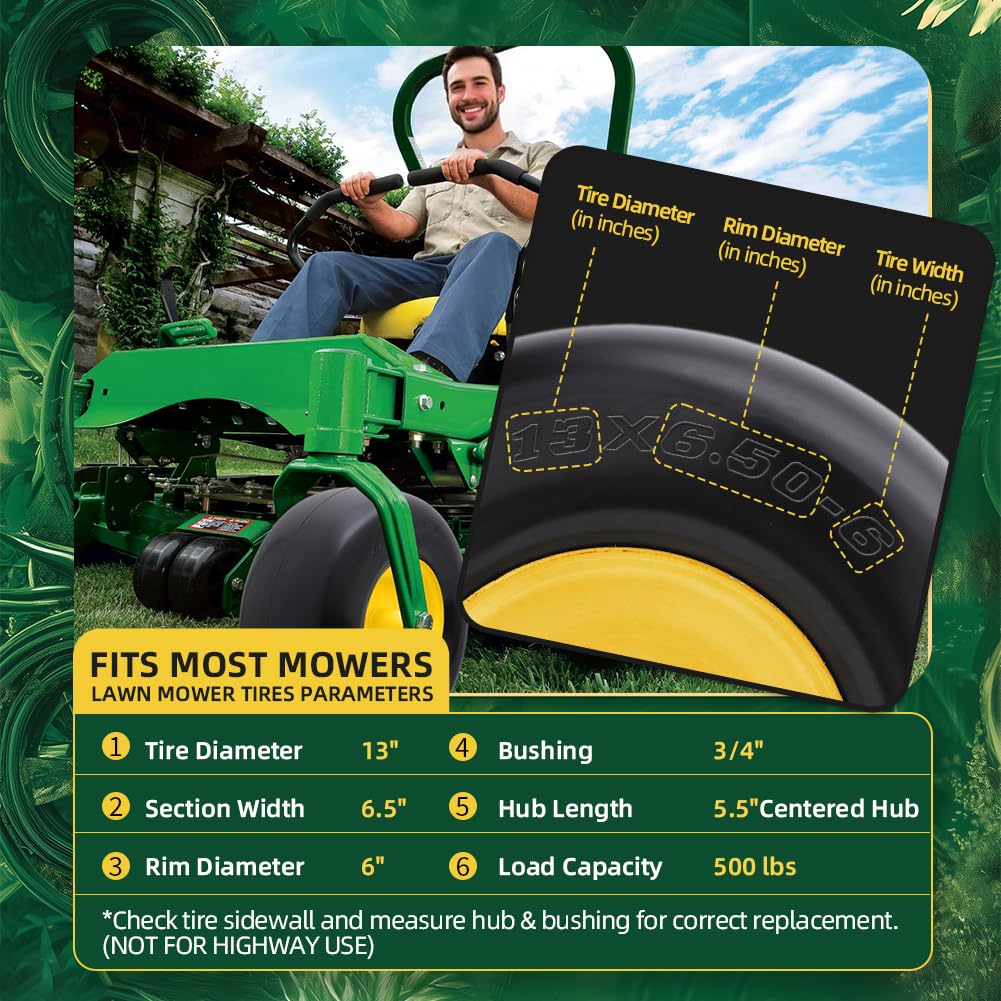 USCASTER 13x6.50-6 flat-free tire with rim assembly, front view of the two-pack kit.