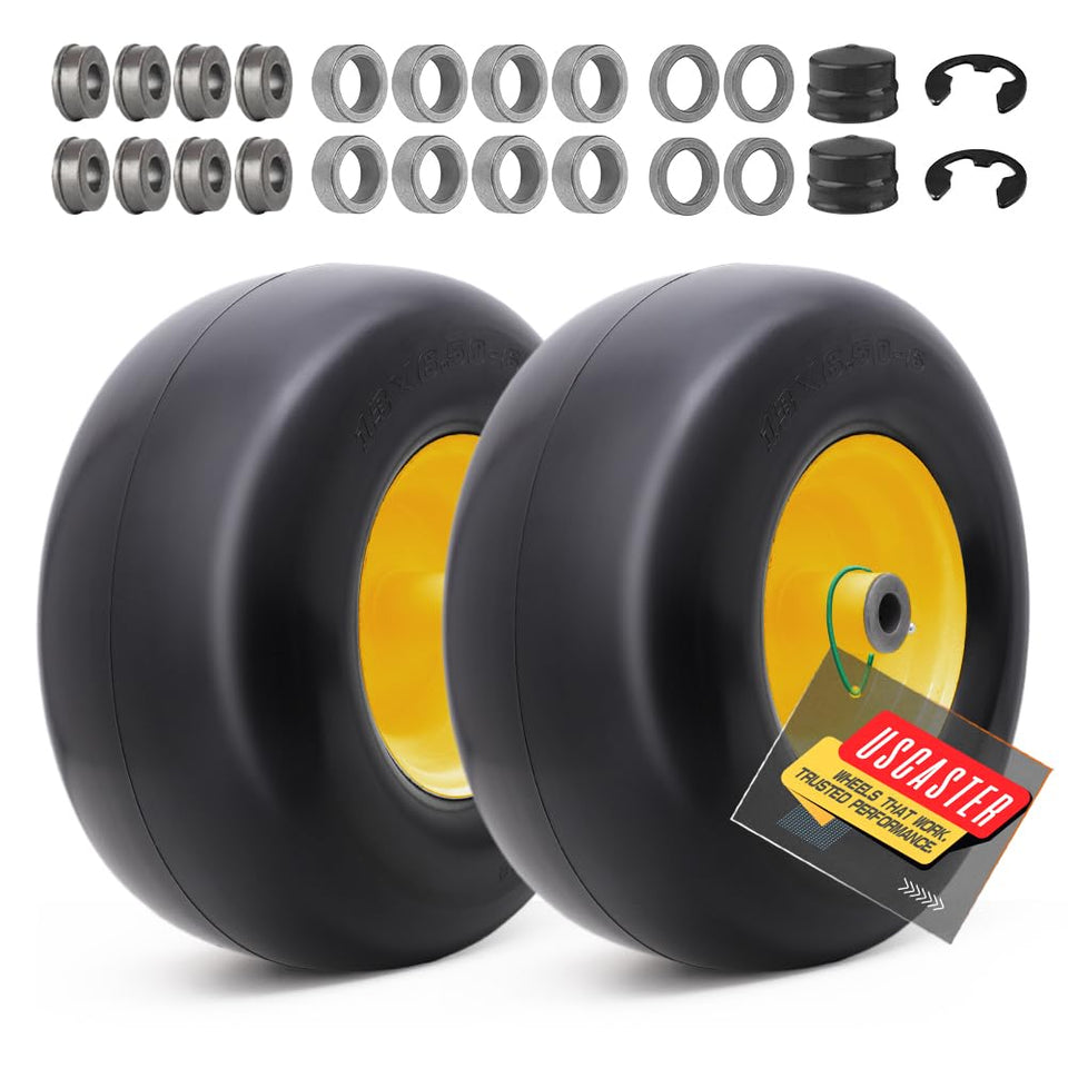 USCASTER 13x6.50-6 flat-free tire with rim assembly, side view showing sturdy construction.