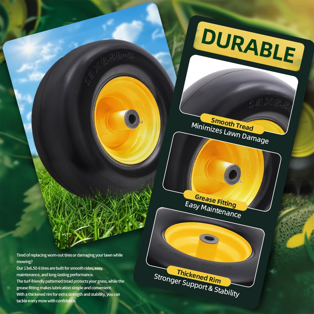 USCASTER solid tire close-up highlighting a smooth, tread-free surface for turf use.
