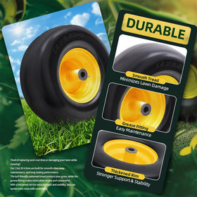 USCASTER solid tire close-up highlighting a smooth, tread-free surface for turf use.