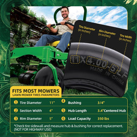 USCASTER solid turf tire 11x4-5 ready for zero-turn mowing.