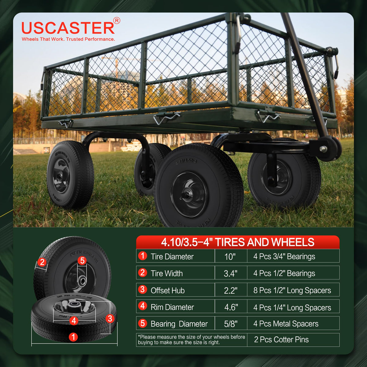 USCASTER welded steel rim provides durable one-piece support for heavy carts.