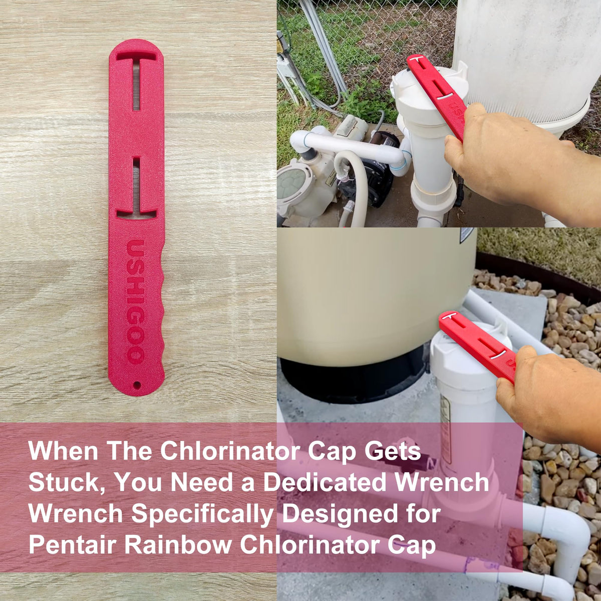 USHIGOO lid wrench demonstrates compatibility with Pentair Rainbow R172052 and R172053 lids.