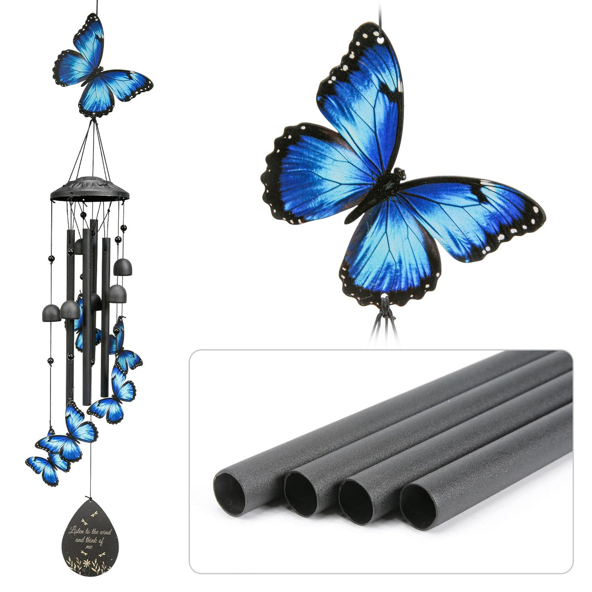 USJOK butterfly wind chime six-butterflies-detail enhances visual appeal and gentle music.
