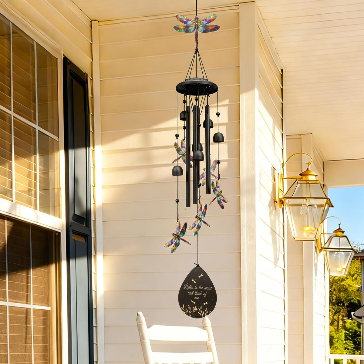 USJOK dragonfly wind chime black metal detail emphasizes elegant garden decor.
