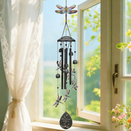 USJOK dragonfly wind chime outdoor display highlighting durable black metal finish.
