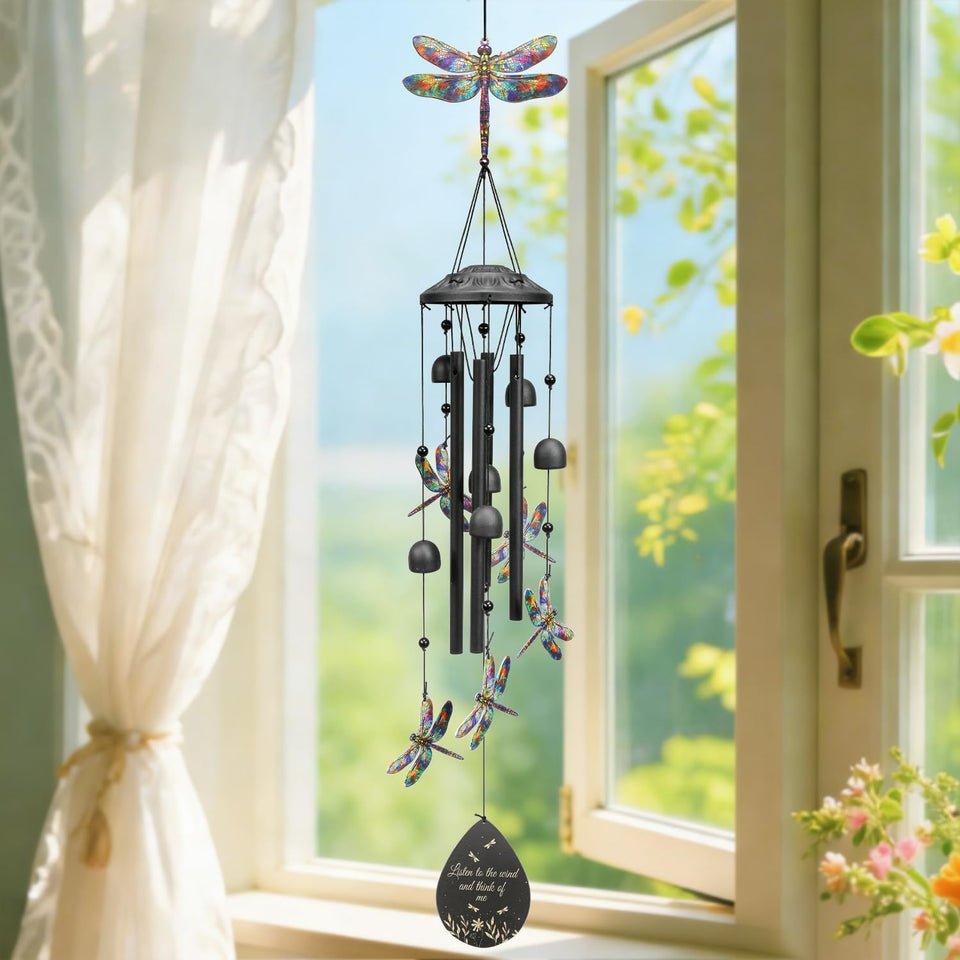 USJOK dragonfly wind chime outdoor display highlighting durable black metal finish.