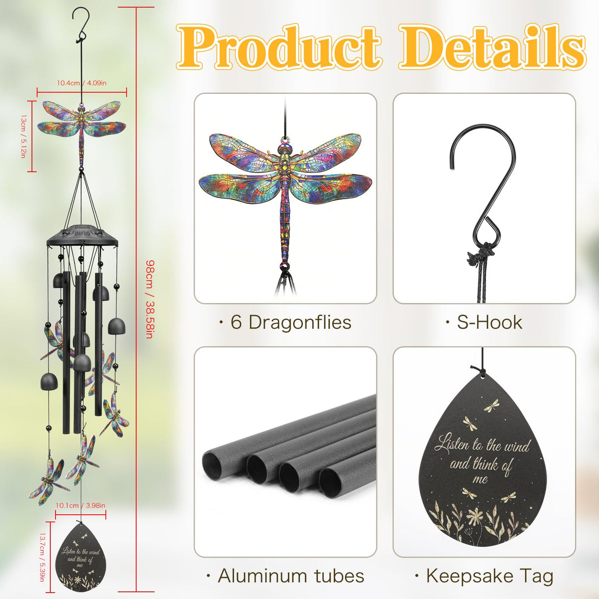 USJOK dragonfly wind chime S-hook assembly enables easy outdoor hanging.