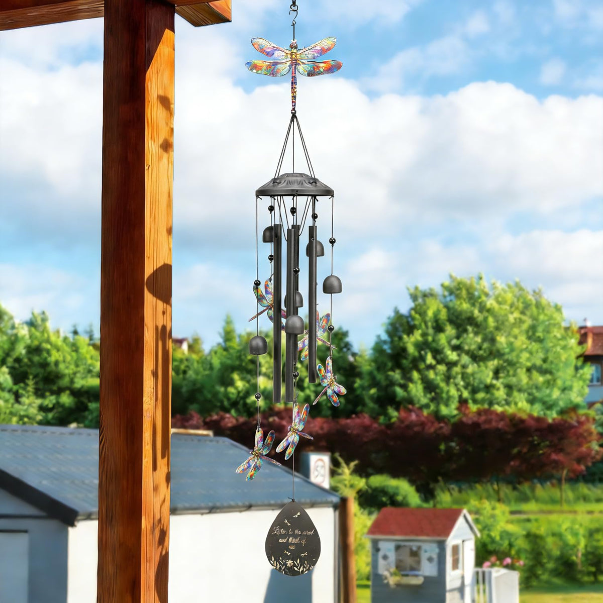 USJOK dragonfly wind chime sound tubes closeup highlights deep resonant tones.