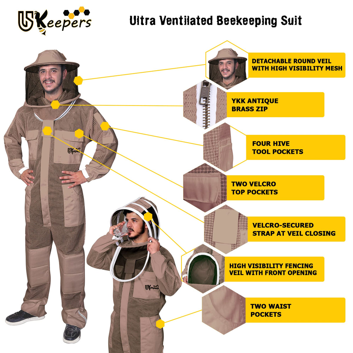 USKEEPERS bee suit with multiple pockets for hive tools and gear