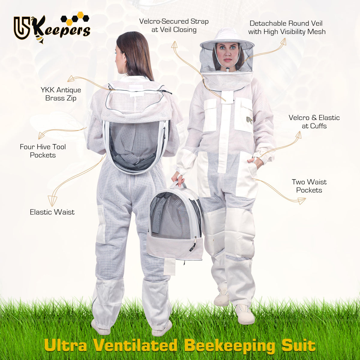 USKEEPERS knee pads integrated for comfort during hive work.
