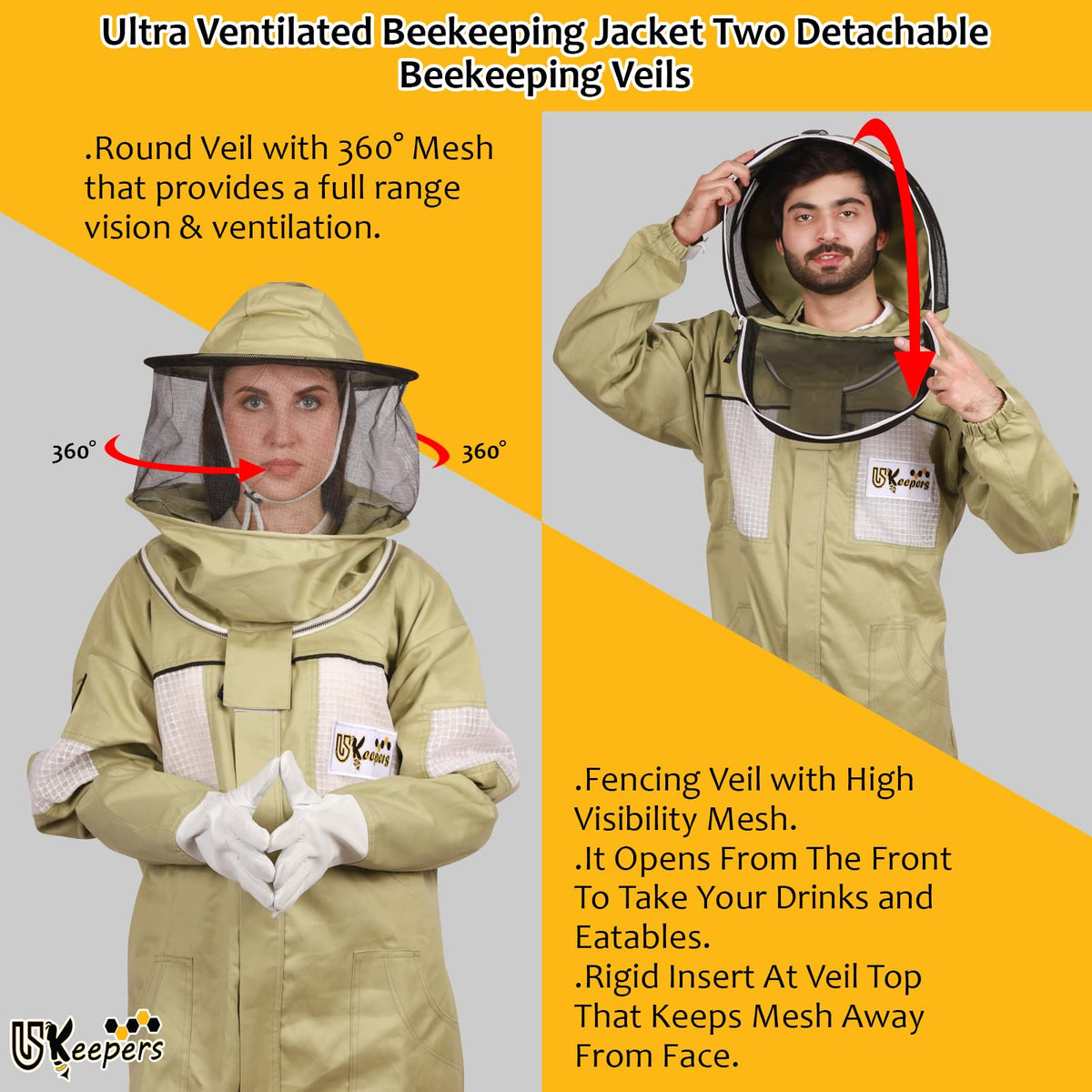 USKEEPERS olive beekeeping suit with detachable fencing and round veils for versatile protection.