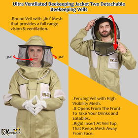 USKEEPERS olive beekeeping suit with detachable fencing and round veils for versatile protection.