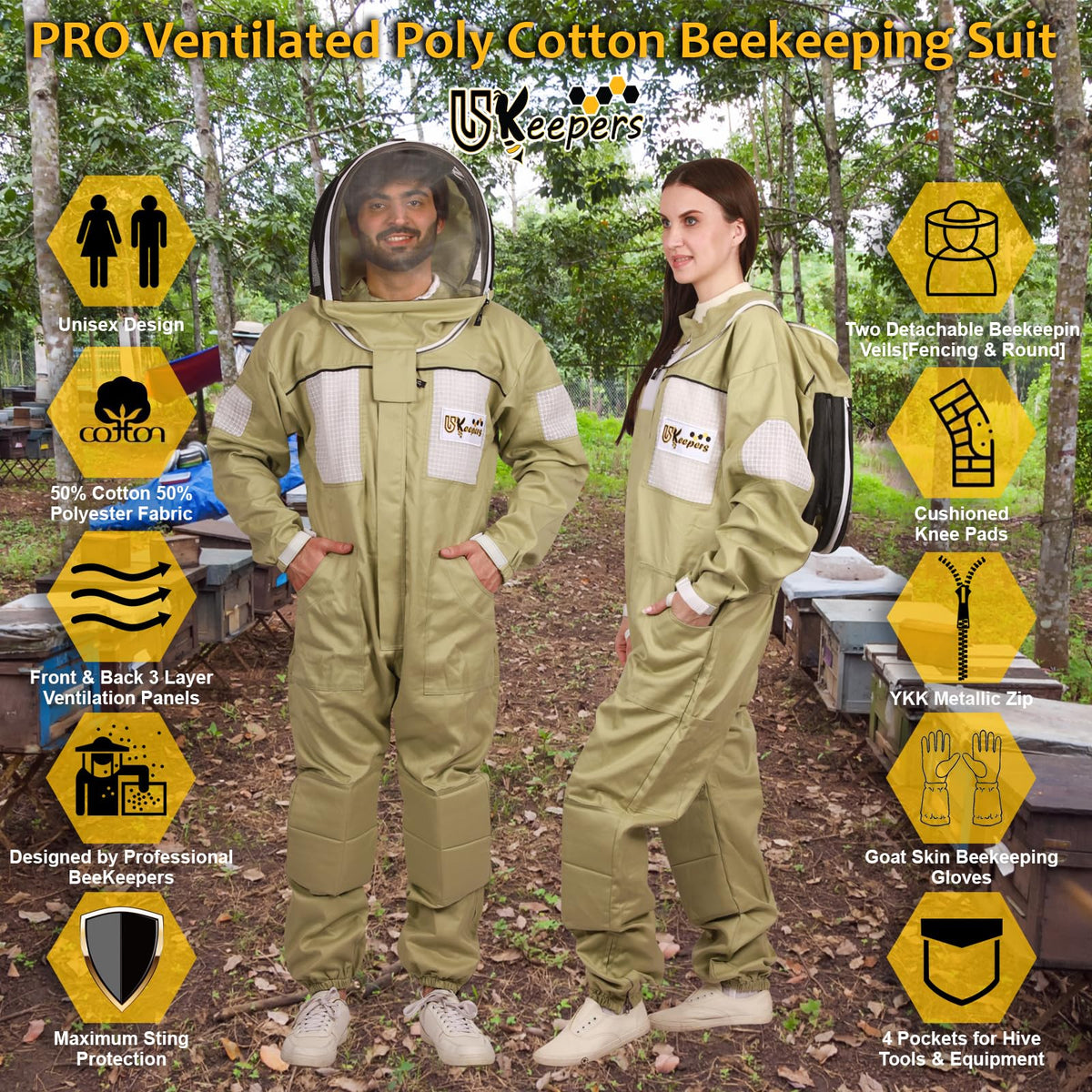USKEEPERS olive XL bee suit back view highlighting breathable panels for hot weather