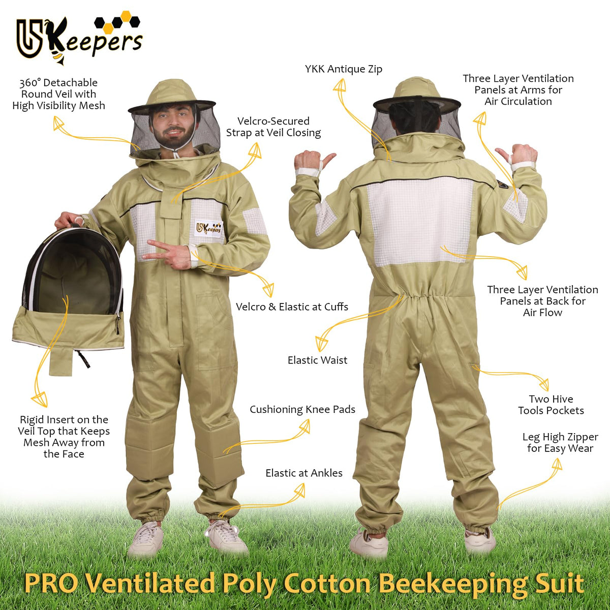 USKEEPERS olive XL bee suit pockets and padded knees for essential tool access