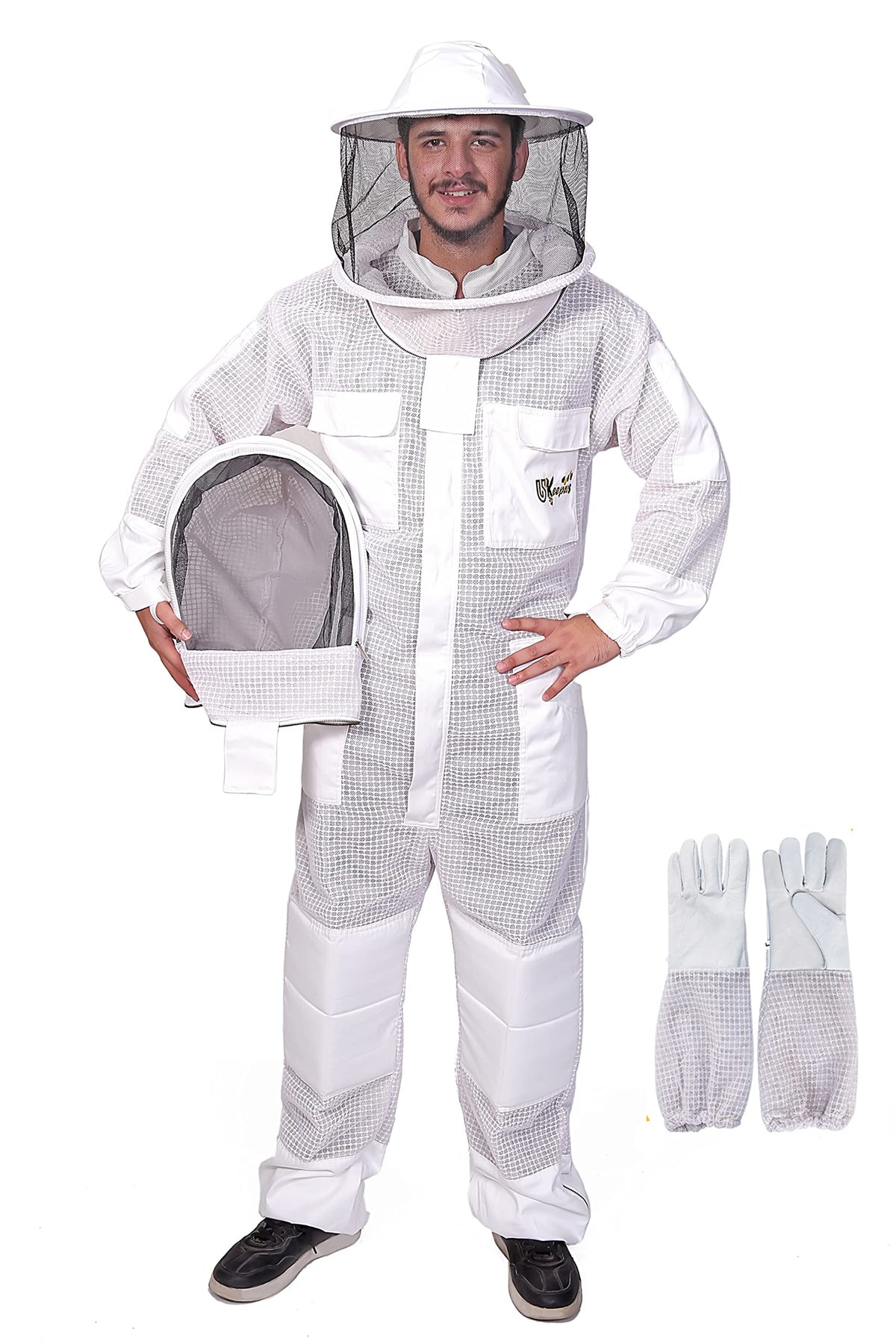 USKEEPERS three-layer ventilated bee suit front view for comfortable field use.