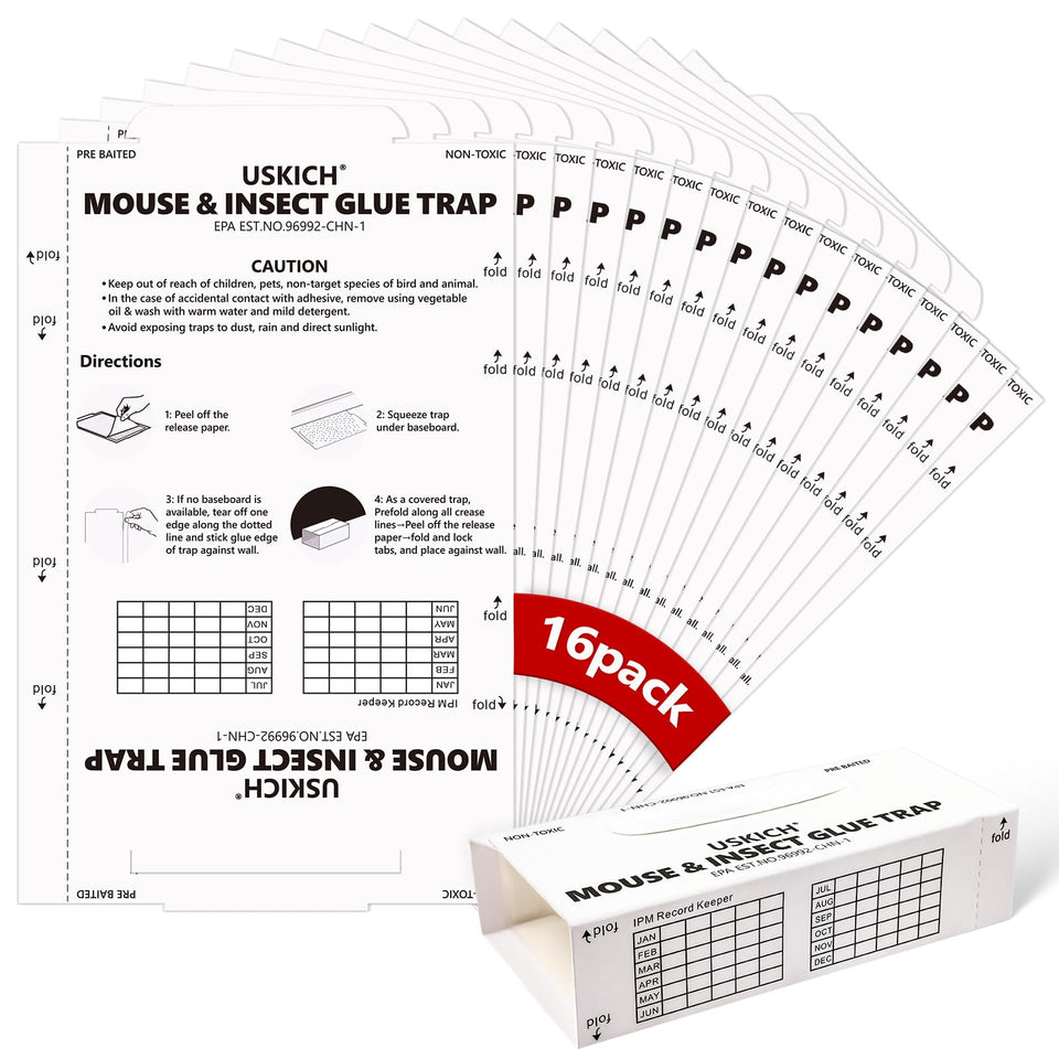 USKICH 16-pack glue traps for indoor pest control, ready to place along walls.
