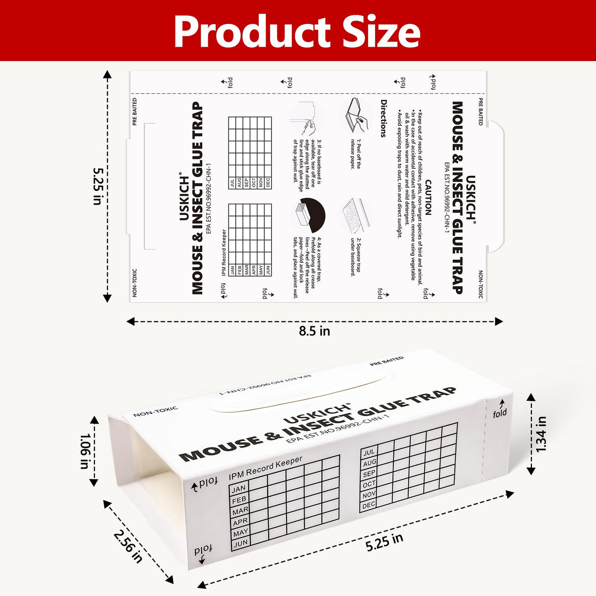 USKICH glue-trap adhesive surface shows 5.25 by 8.5 inch size for coverage.