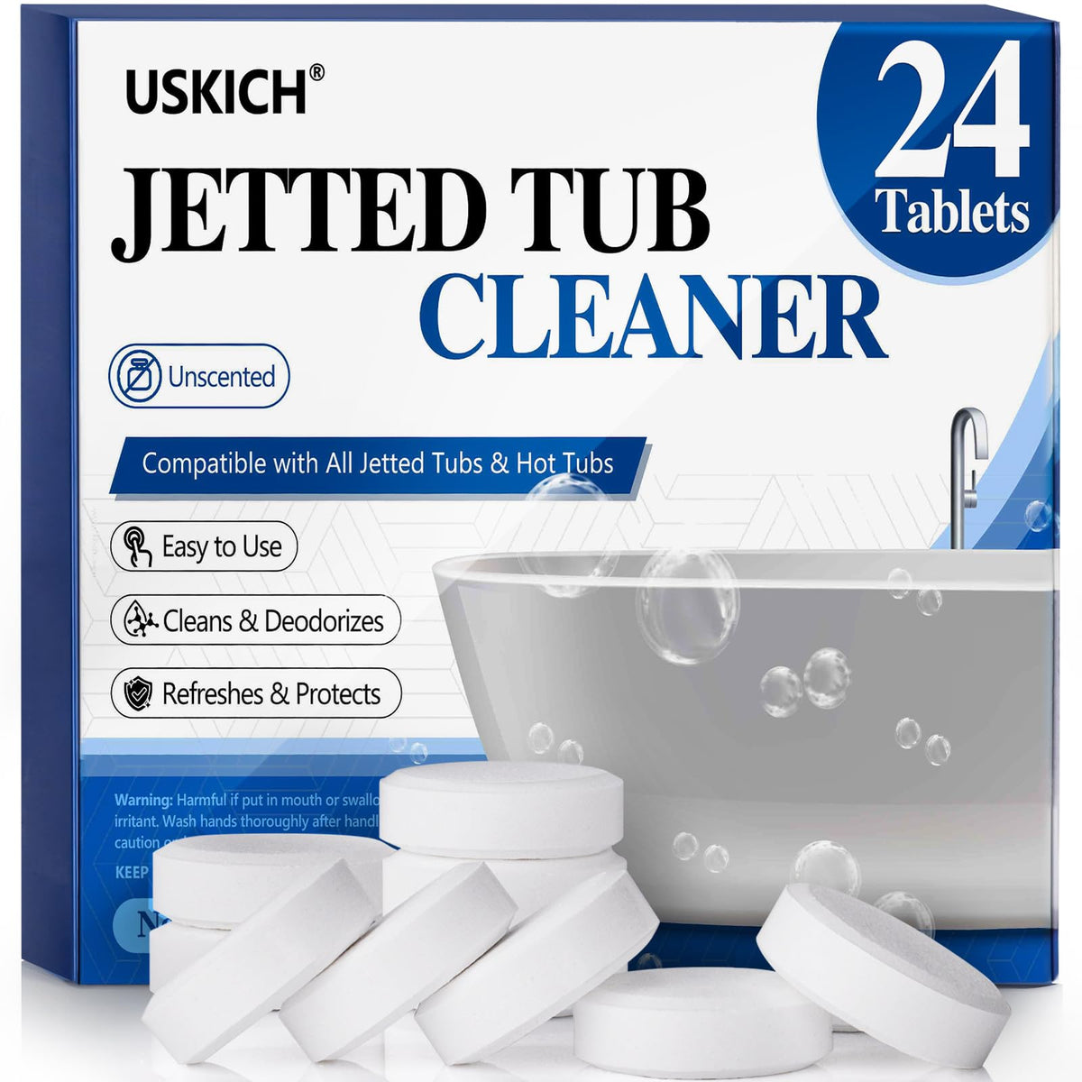 USKICH jetted tub cleaner tabs 24-pack on shelf for easy maintenance and storage.