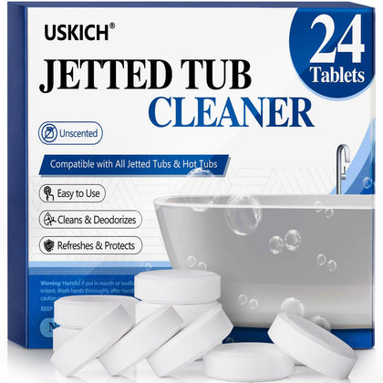 USKICH jetted tub cleaner tabs 24-pack on shelf for easy maintenance and storage.
