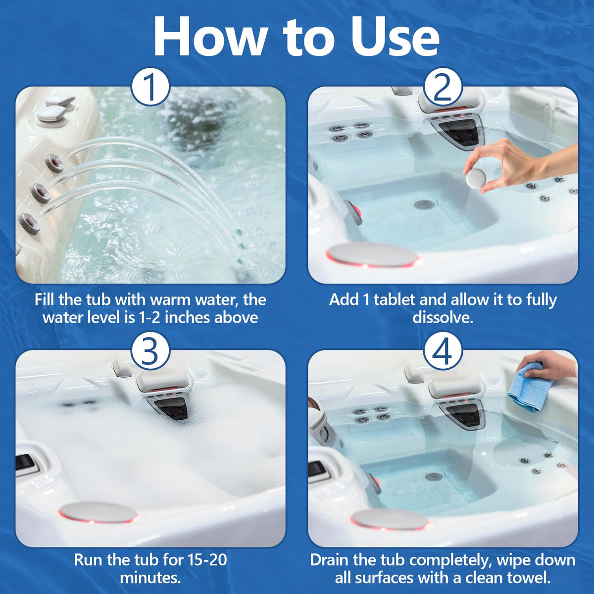 USKICH tablets dissolving in bathwater lift soap scum and residues.