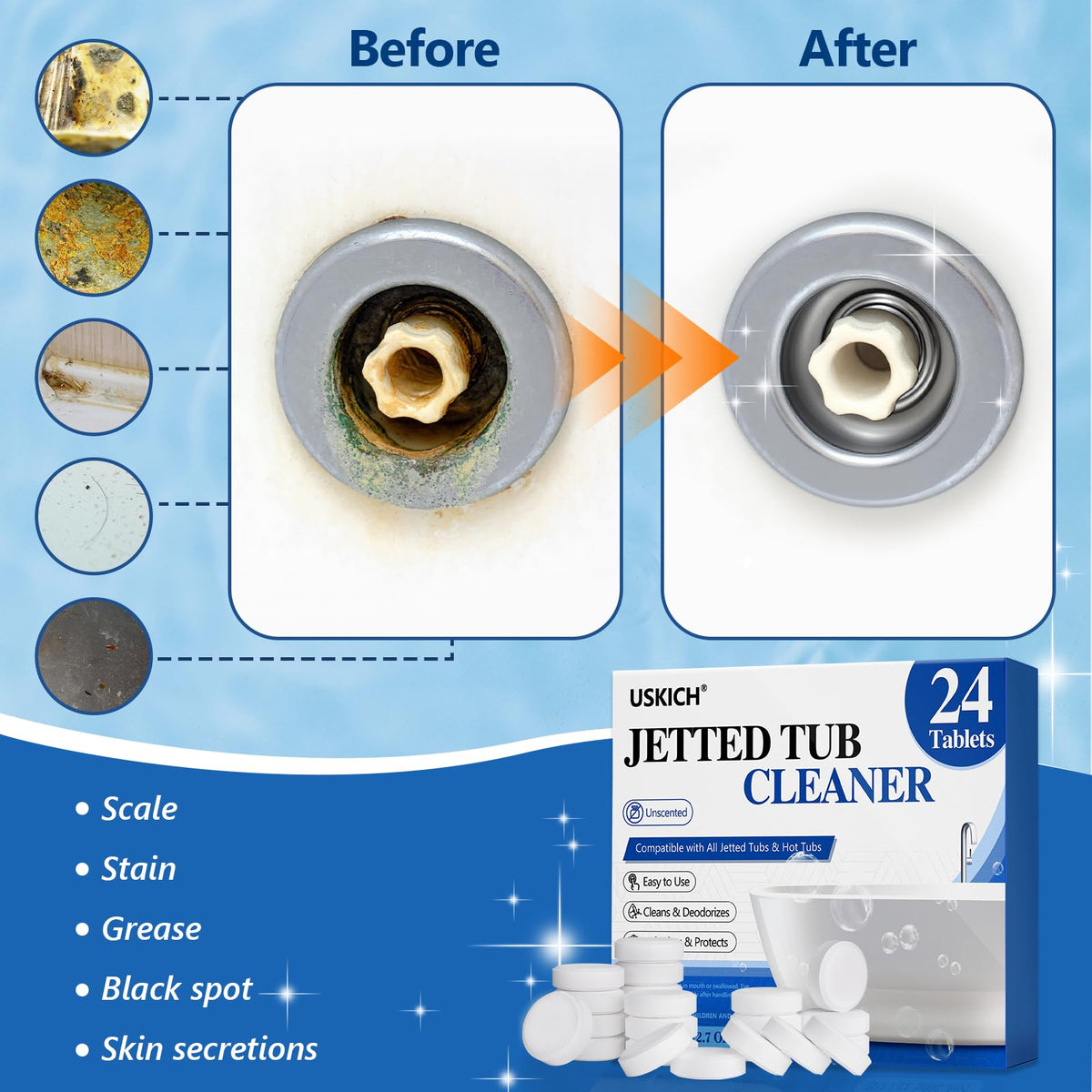 USKICH tub cleaner compatible with popular brands like Kohler and Whirlpool.