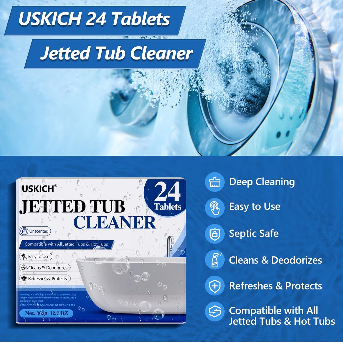 USKICH individually packaged tablets ready for travel and on-the-go cleaning.