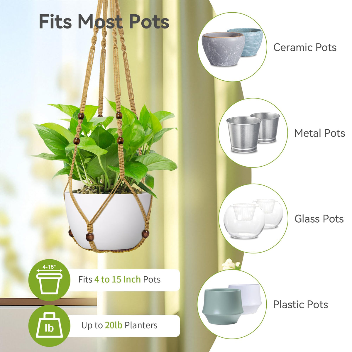 USLAI macrame hanger fits 4-15 inch pots for versatile indoor and balcony setups