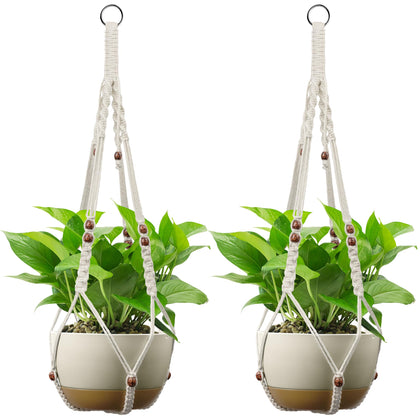 USLAI macrame plant hanger ivory-bead-detail shows elegant texture for indoor greenery.