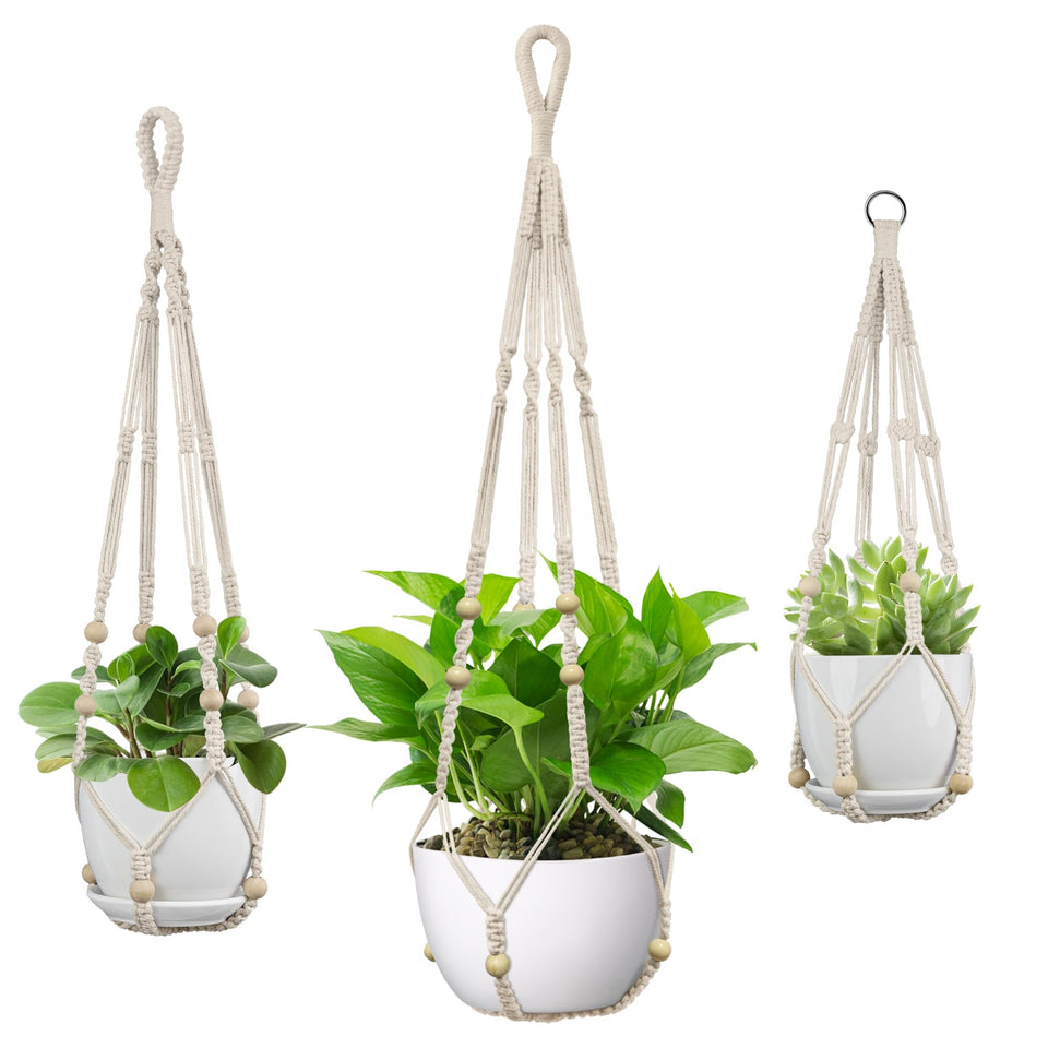 USLAI Macrame Plant Hanger ivory full view for elegant indoor or outdoor decor