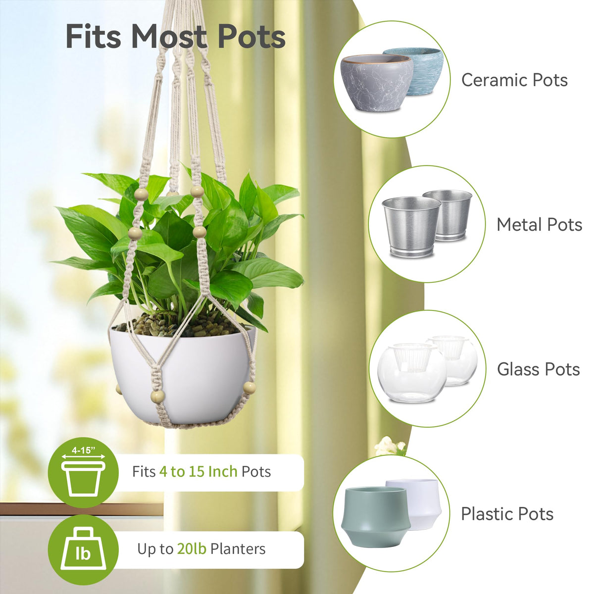 USLAI Macrame Plant Hanger ivory holding a 4-15 inch pot