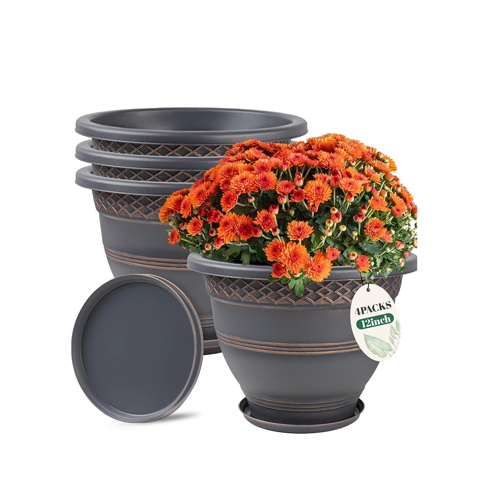 Usocik four-pack 12-inch bronze plaid plant pots for indoor or outdoor use.