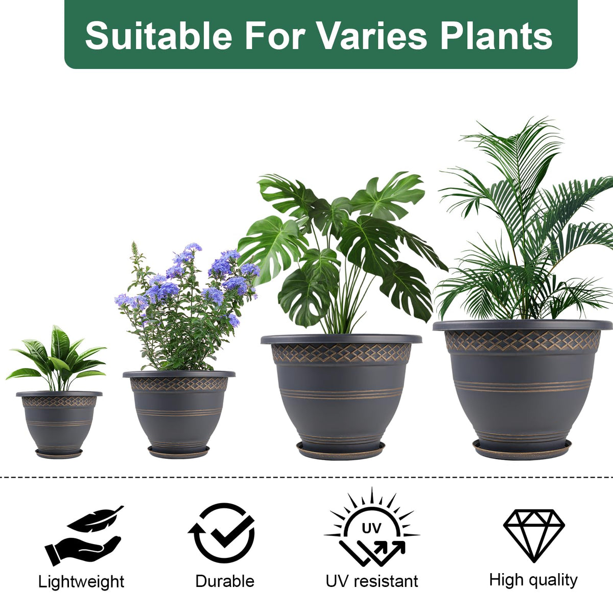 Usocik durable plastic planter resists fading for long-lasting color.