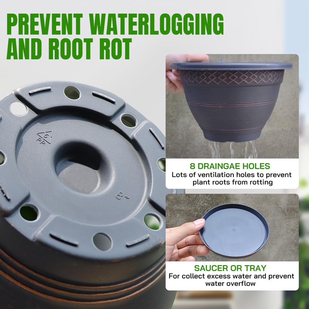Usocik 8-inch pots show drainage holes and saucer for cleaner watering.