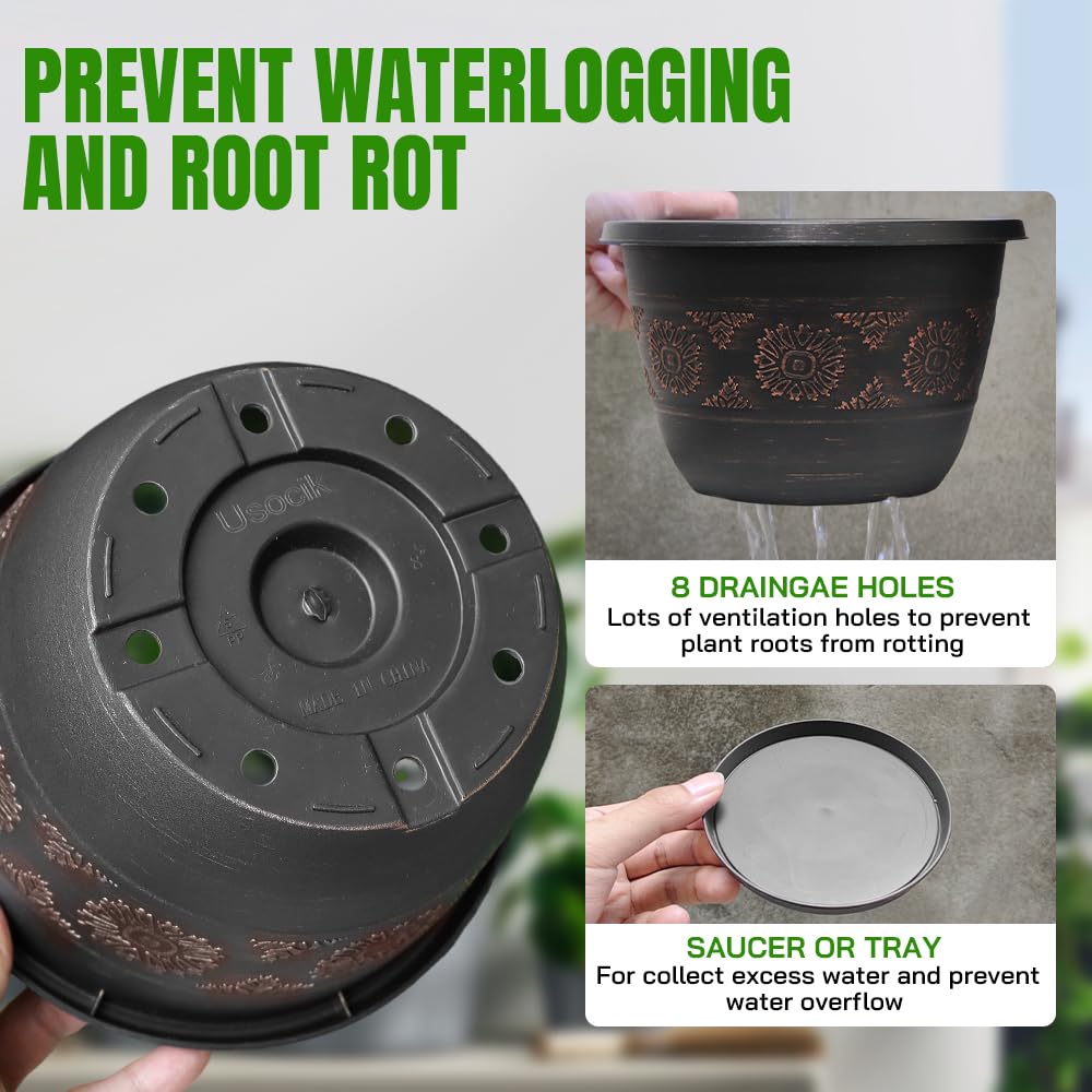 Usocik retro pattern plant pot with saucer keeps floors dry outdoors.