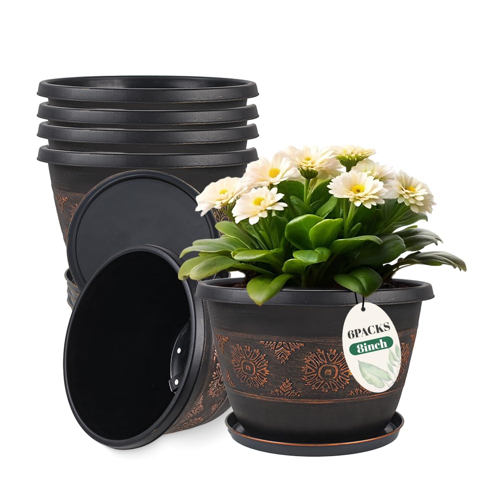 Usocik retro pattern plant pot 8 inch with drainage holes, ideal for indoor herbs.
