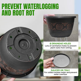Usocik 8-inch retro pot with saucer keeps floors dry while flourishing flowers.