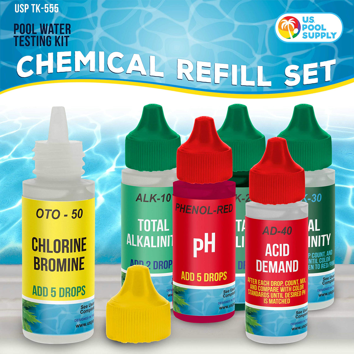 U.S. Pool Supply 5-way test kit indicator solutions in labeled bottles.