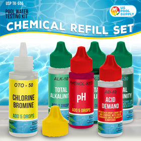 U.S. Pool Supply 5-way test kit indicator solutions in labeled bottles.