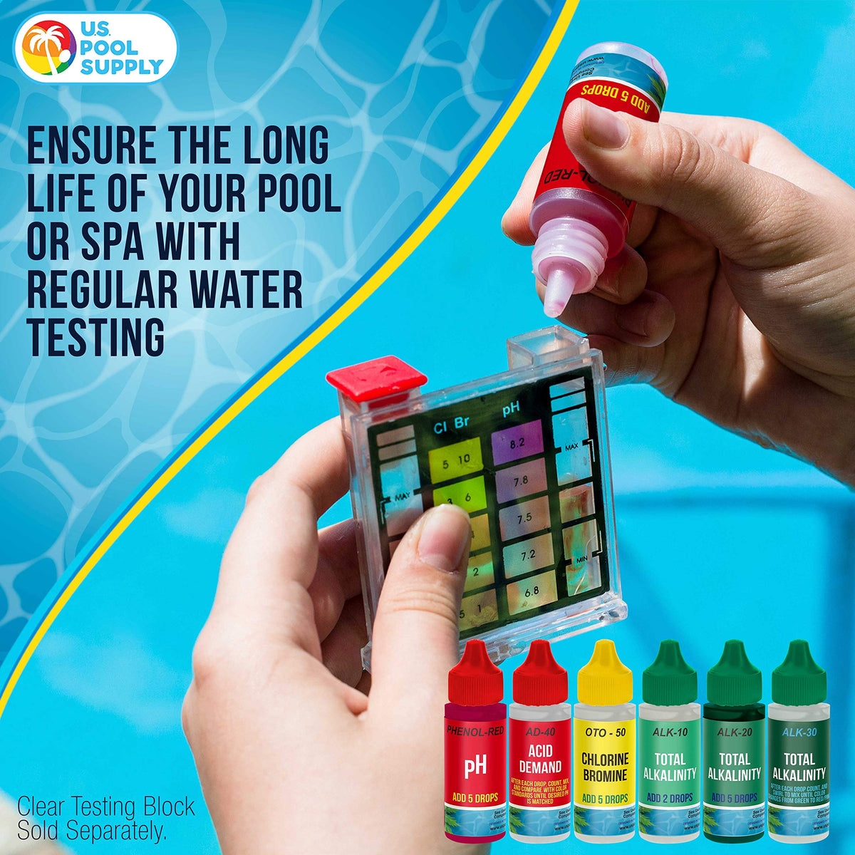 U.S. Pool Supply phenol red pH test solution in a compact bottle.