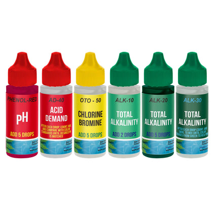 U.S. Pool Supply refill pack with six indicator bottles for easy water testing.