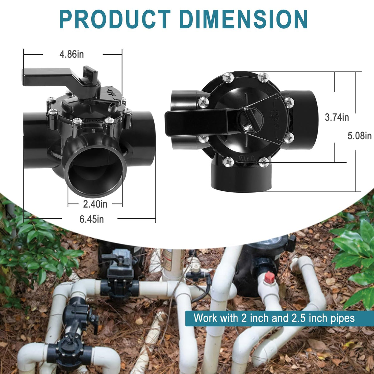Ussuray 2in pipe connections show 2.5in compatibility.
