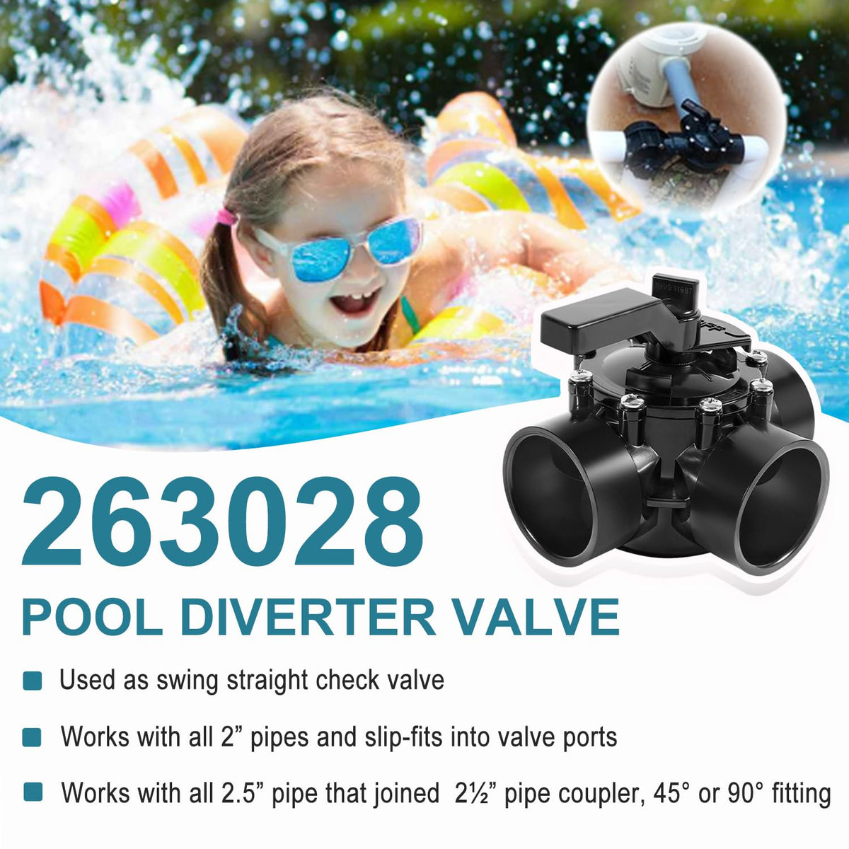 Ussuray 2inch 3-way pool valve ports seen side for flexible piping.