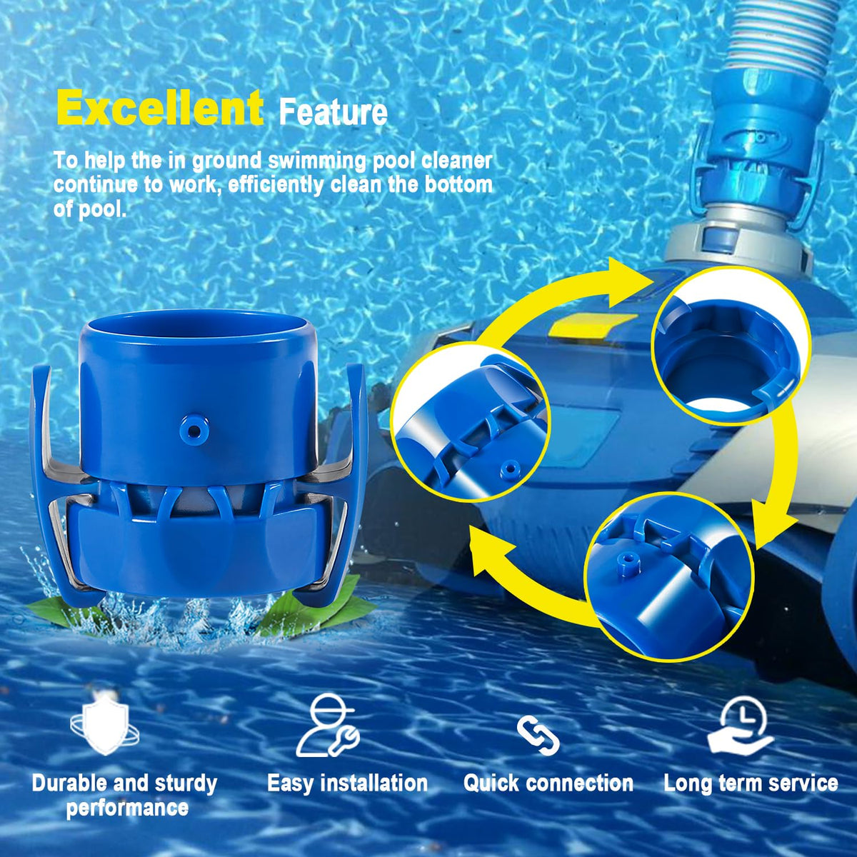 Blue plastic quick connector offers durable performance during frequent pool cleaning tasks.