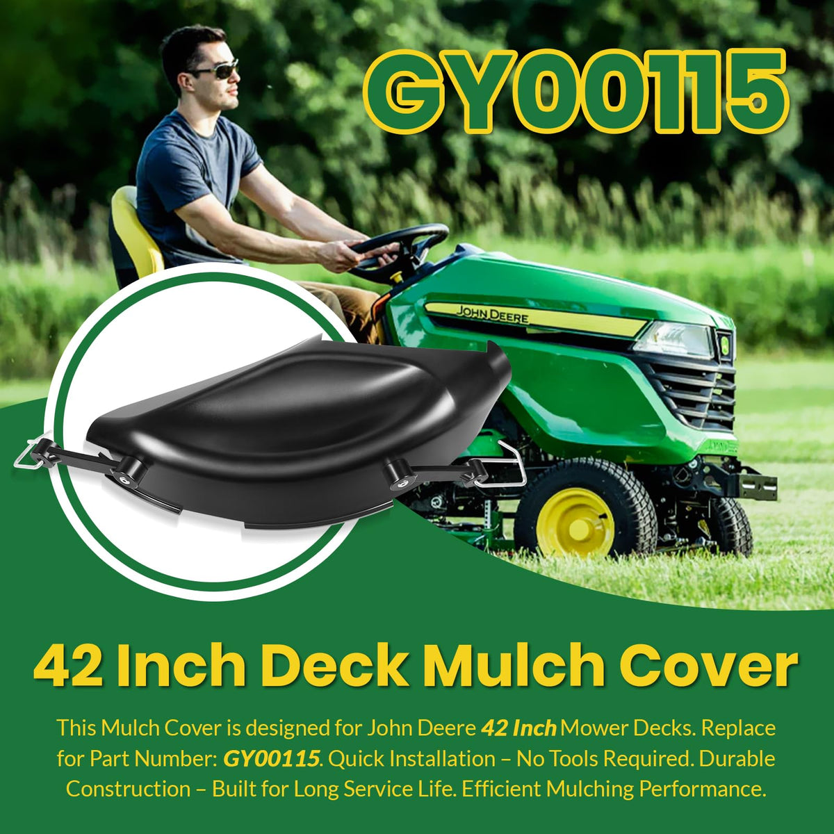 usvehj mulch cover on John Deere X110 Select Series enabling quick setup