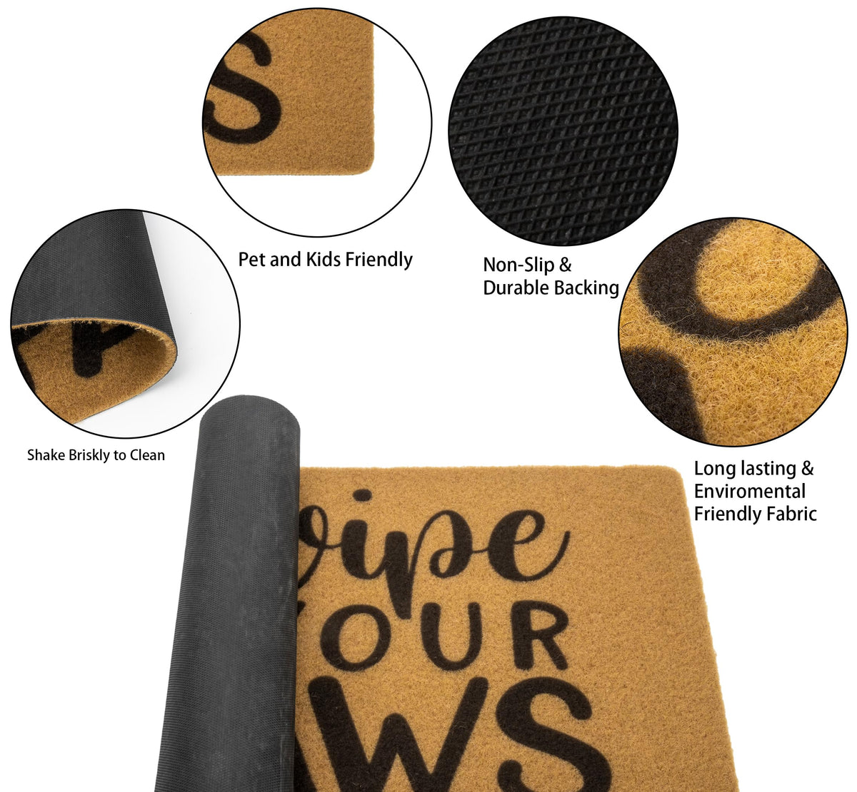 Utaly dog paws welcome doormat front view with 17x29 size and non-slip backing.