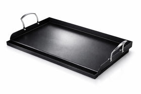 Utheer 25x16 cast iron griddle on grill, expansive surface for breakfast and BBQ cooking.