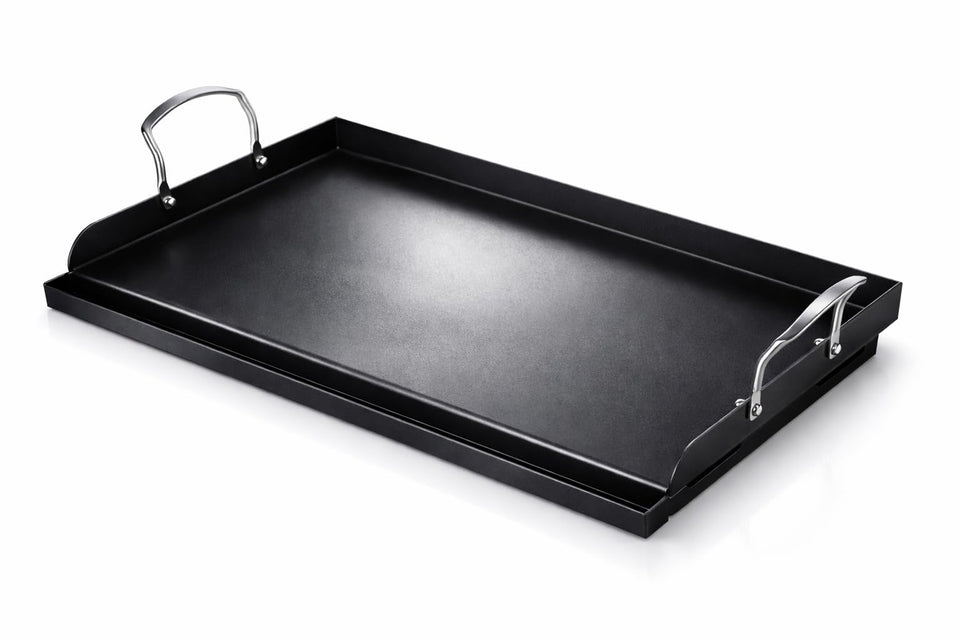 Utheer 25x16 cast iron griddle on grill, expansive surface for breakfast and BBQ cooking.