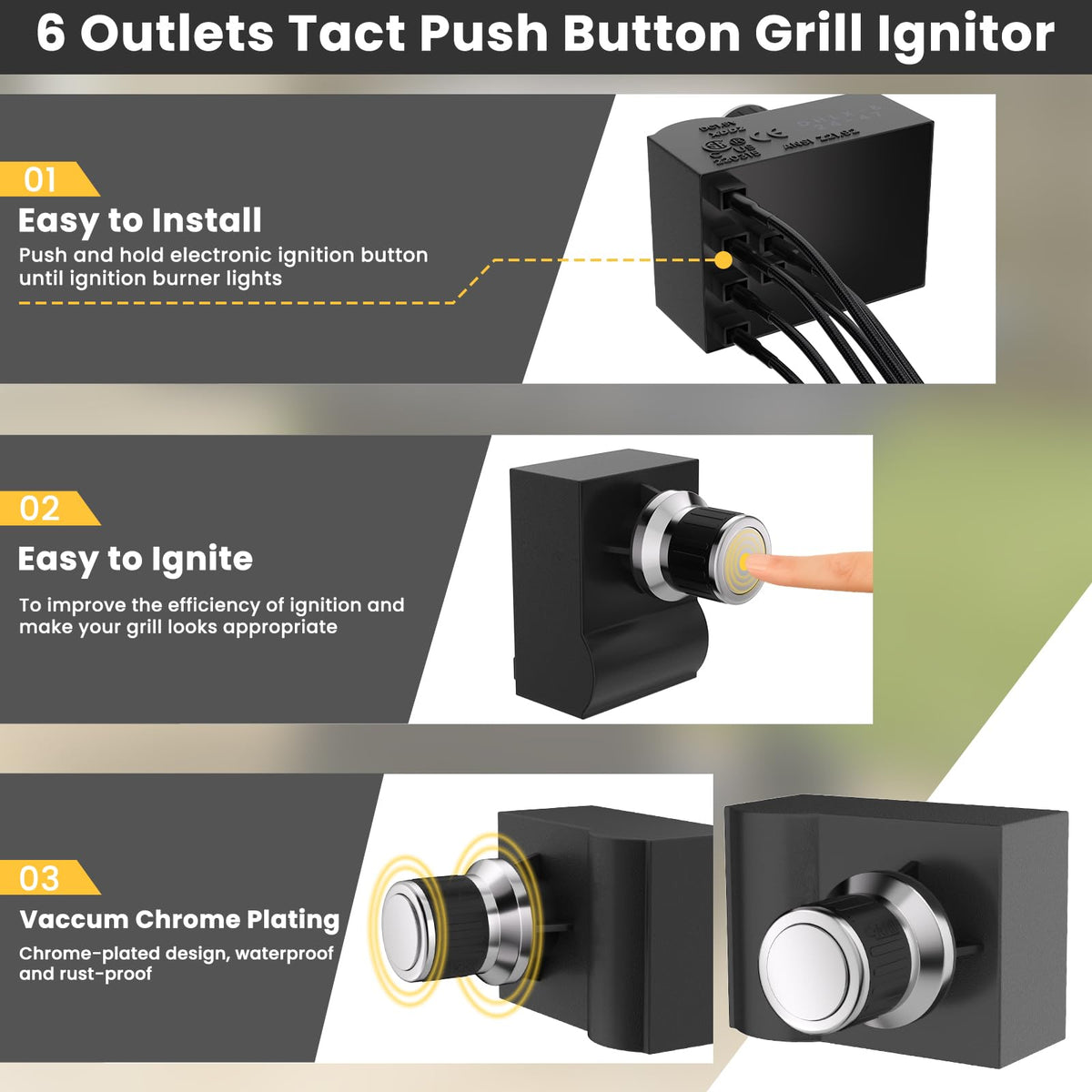 Utheer 6-outlet tact switch igniter offers flexible wiring for various layouts.