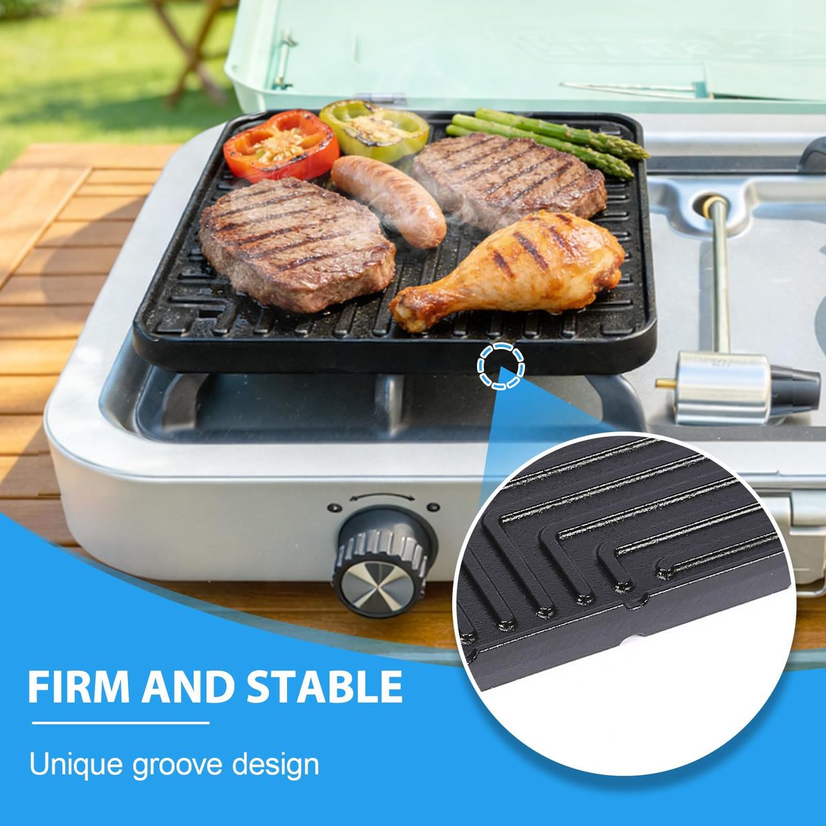 Utheer griddle stored inside stove for compact camping setup.
